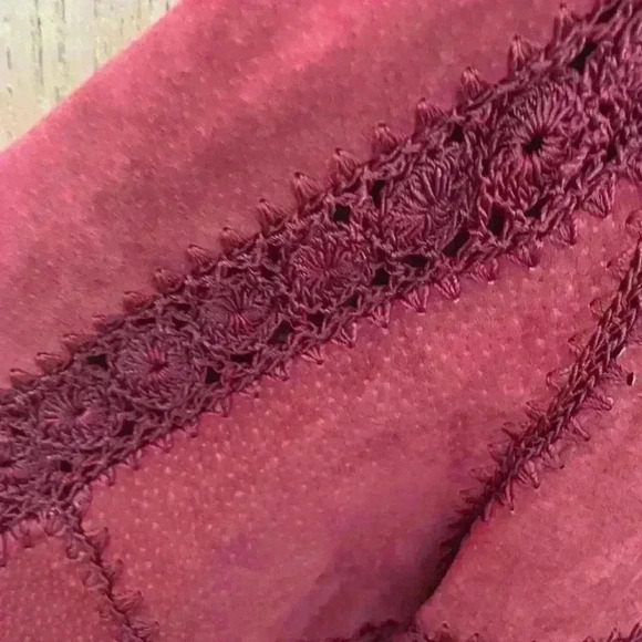 Vintage 1990s Burgundy Suede Crochet Lace
Trim Patchwork Button Up long Jacket - Picture 7 of 7